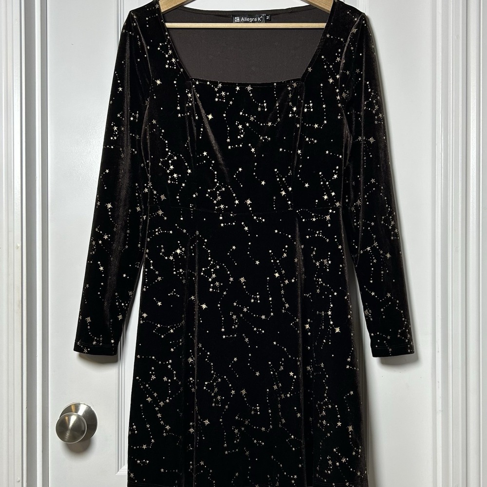 Allegra K Brown Gold Constellation Star Print Velvet Square Neck Bodycon Dress